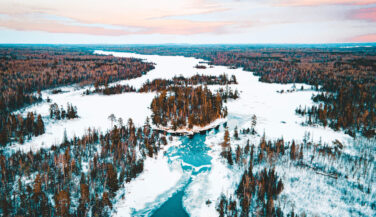 Aerial shot of the Boundary Waters in Winter.